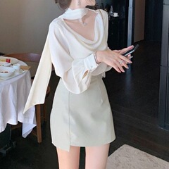 気質リボンパフスリーブサテン白シャツ女性のための 2025 春の新デザインニッチ長袖シックなトップ