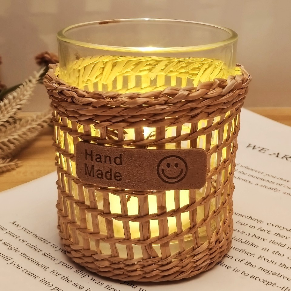 跨境草编婚庆道具家居装饰工艺品摆件瓶套手工编织蜡烛台杯套藤编