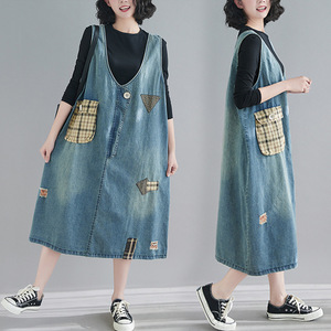 Plaid patch old patch baby dress Women Plus size loose style Dresses Women Plus size Dresses worn-out vest skirt