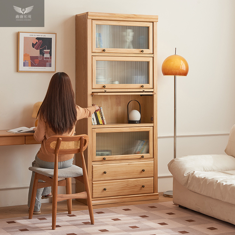 Sala de estar armario de madera tronco armario de almacenamiento combinado multicapa estante de madera sólida librería de piso con puerta de exhibición de caída