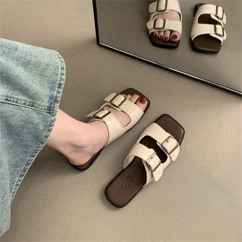 Ladies Slippers, Summer Outerwear, Korean Style French Retro Fairy Wind Beach Sandals, Flat Baren Slippers