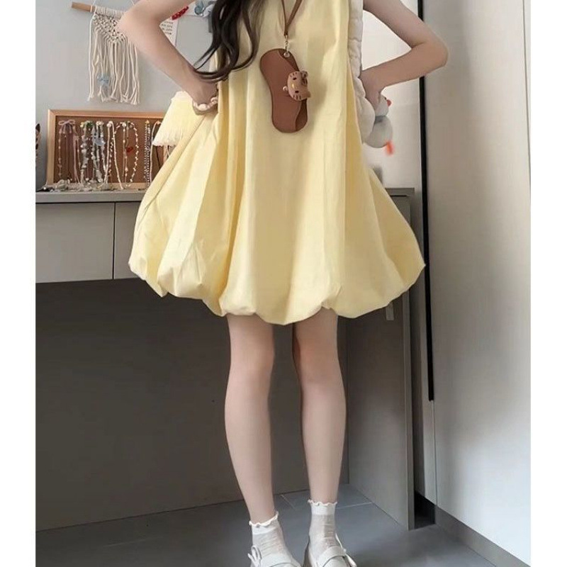 日系甜美温柔无袖背心连衣裙女学生夏季新款宽松遮肉花苞裙子