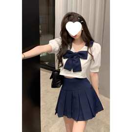学院风清纯女装甜美套装夏季海军领上衣百褶裙制服校园风两件套