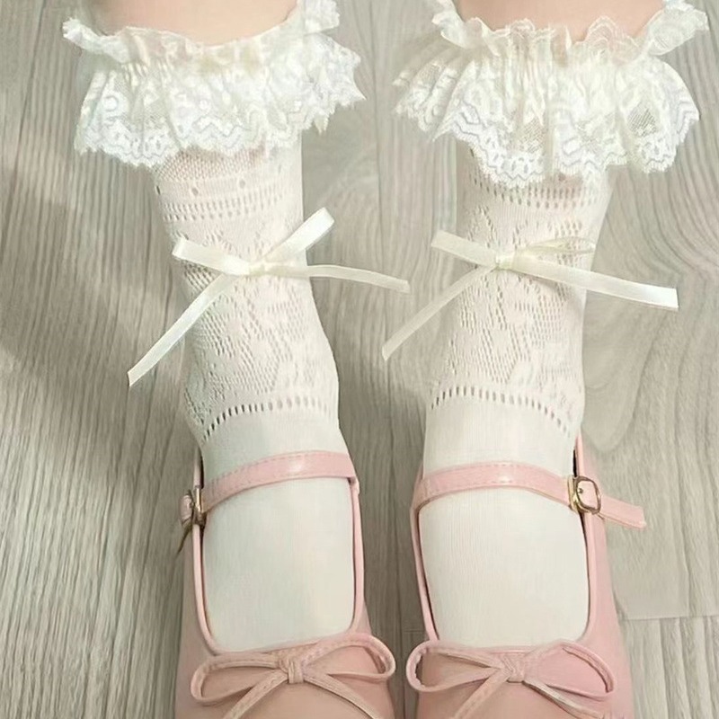 Japanese Agaric Lace Socks Lace Mid-barrel Lolita Socks Women's Hollow Bow Jk Pile Breathable Socks