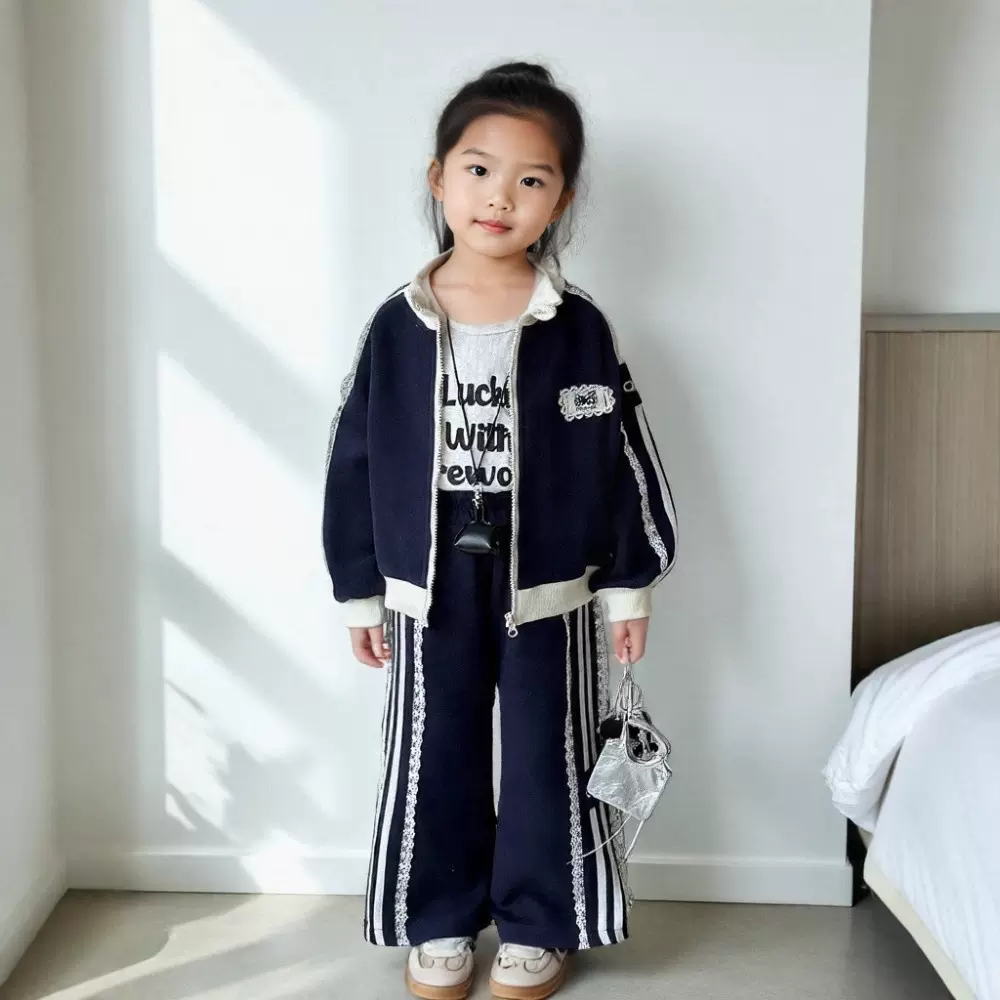 女童韩系童装套装2025秋新款女宝宝时髦洋气蕾丝花边运动装两件套