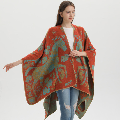 Cross-border foreign trade shawl for women, four seasons wear, faux cashmere split cloak, plus knitted outerwear, Amazon wholesale