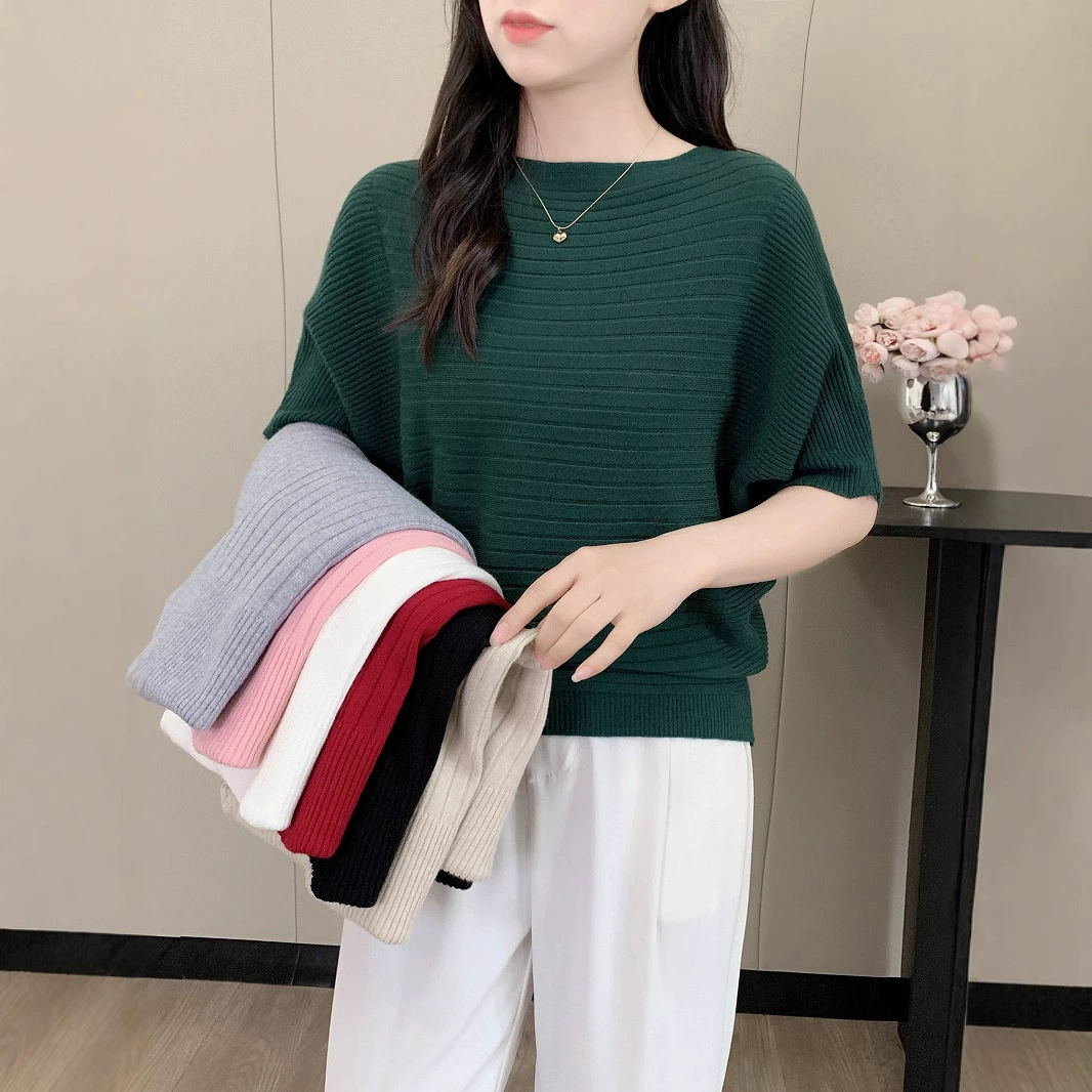 2024 новый корейский повседневный рукав летучей мыши короткая вязаная рубашка с тонким воротником