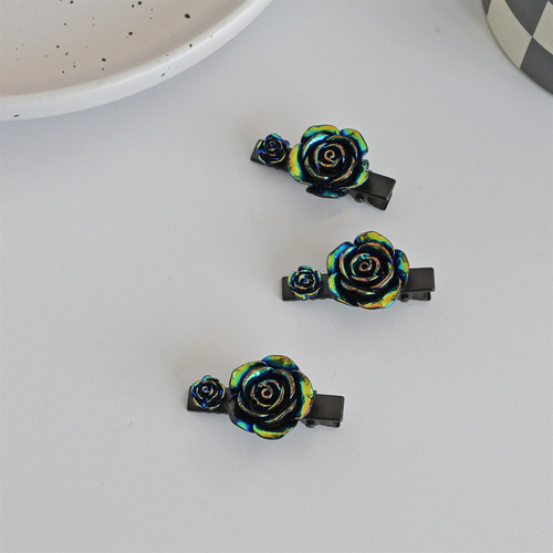 Dark Mode Sweet Cool Rose Hair Clips, Edgy Harajuku Girl, Black Y2K Laser Hair Accessories, Side Clips