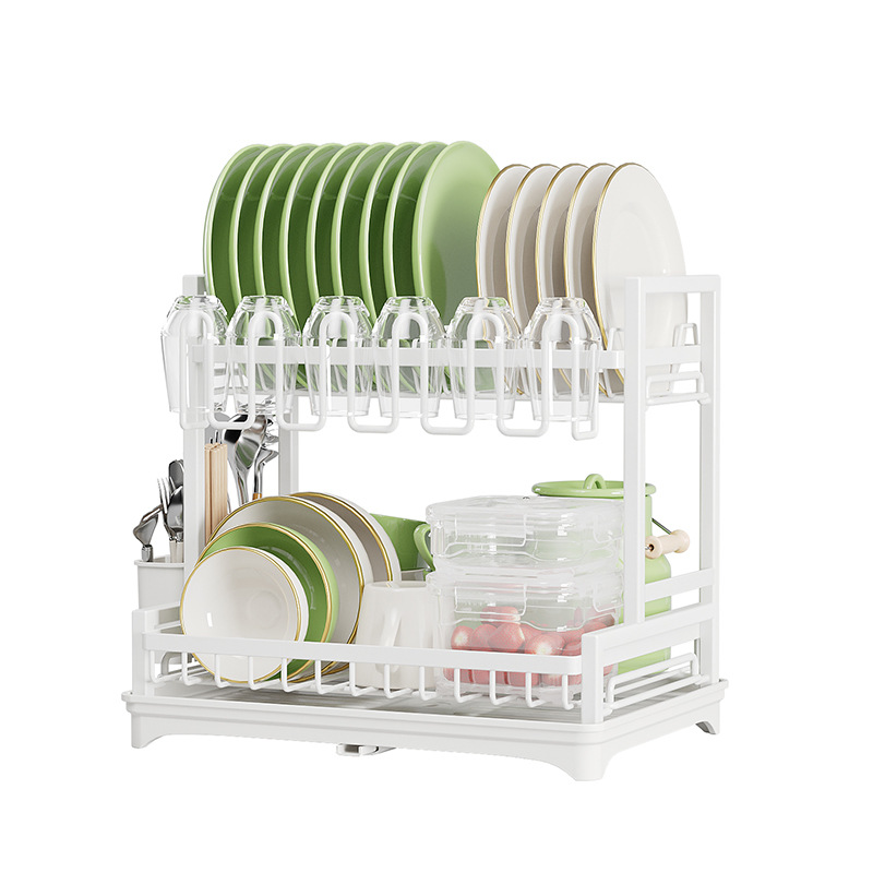 Rack de almacenamiento de cocina aishijia hogar encimera plato estante de drenaje japonés multi-funcional de doble capa plato blanco rack
