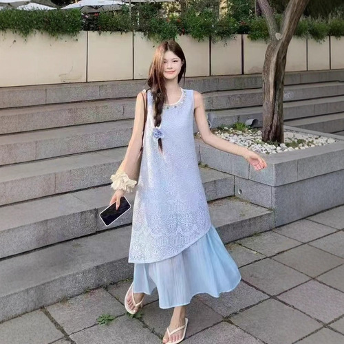 2025 Shell Decoration Lace-Panel Fake Two-Piece Mid-Length Sleeveless Dress with Belt, Elegant Summer Wear
