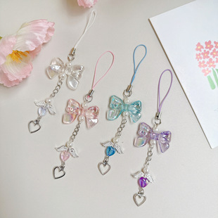 Personality Fashion Color Crossing Bow Angel Wings Love Phone Pendant Goo Card Chain Keychain Lanyard Bag Hanging Ornaments