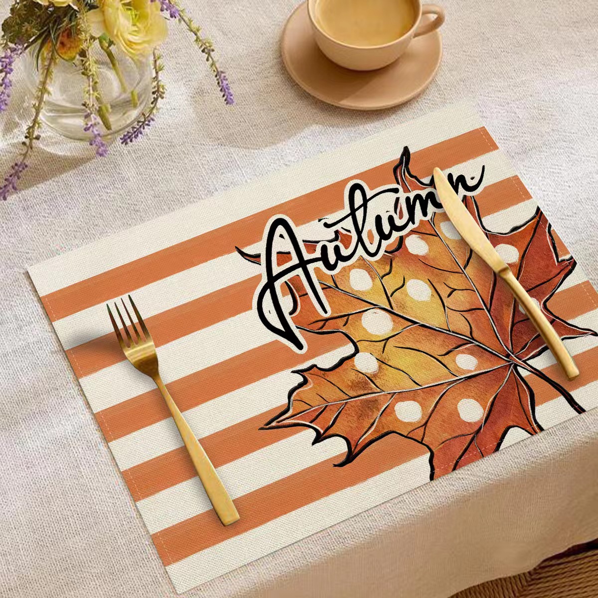 Transfronterizo temu explosión Día de Acción de Gracias otoño calabaza lino estampado conjunto lino estampado mesa de restaurante