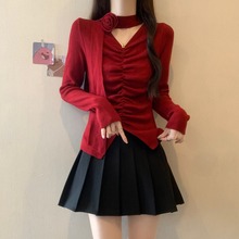 欧货别致绝美飘带挂脖红色领毛衣女秋冬大码胖针织打底衫上衣