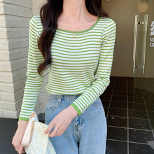 厂家批发2024早秋新款针织长袖T恤上衣女锁骨条纹心机设计感衣服