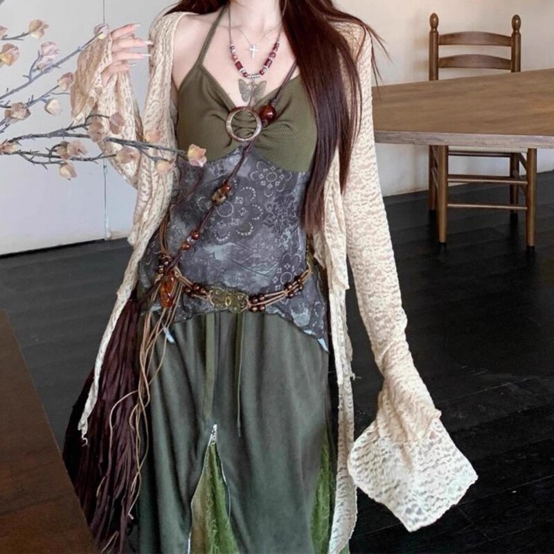 复古森系碎花拼接挂脖吊带半身长裙女长袖针织衫2025秋季新款套装|undefined