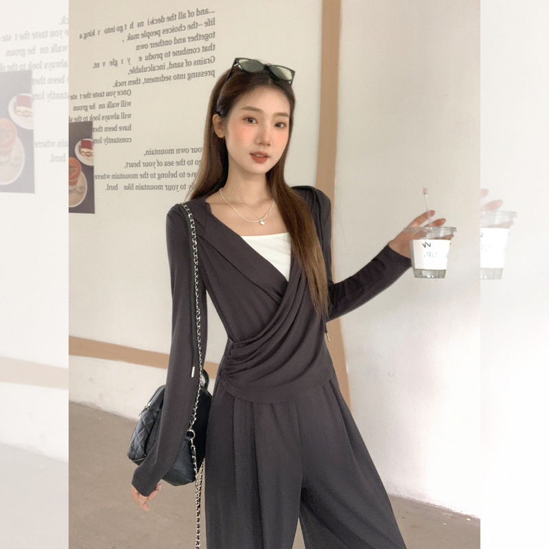 2025实拍早秋休闲运动两件套女慵懒显瘦长袖t恤女阔腿裤连帽套装|undefined