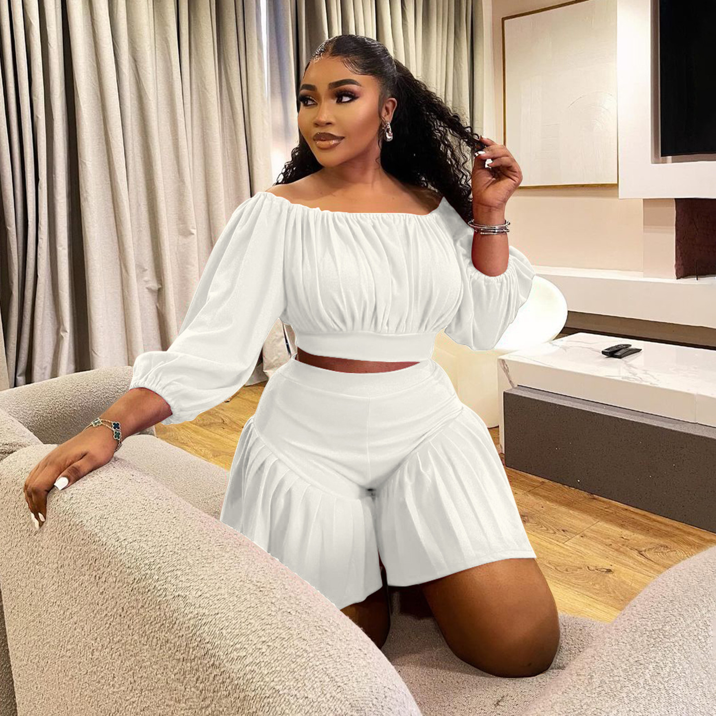 350g Weight Long Sleeve Sleeve Length Spandex, Polyester Fabric Type Shorts Co-ord Set Sets Type 2 Pieces Set Quantity Daily Occasion Off Shoulder Neckline Slim Fit Type Solid Color Pattern Summer Season Casual Style Daily Casual Solid Color Spandex Polyester Shorts Co-ord Set Plus Size Two-piece Sets 15