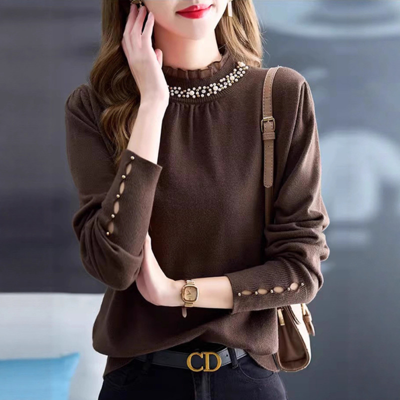 Unique Design Beaded Petite Half-Turtleneck Sweater Base Shirt for Women, New Autumn and Winter Lace-Trimmed Knit Top