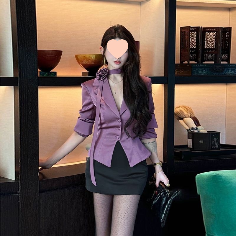 感辣妹紫色气质缎面小西装女秋季新款百搭包臀短裙子两件套装|undefined