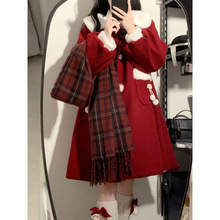 【店铺热销】冬季红色过年圣诞氛围感毛领长袖大衣小个子拜年穿搭