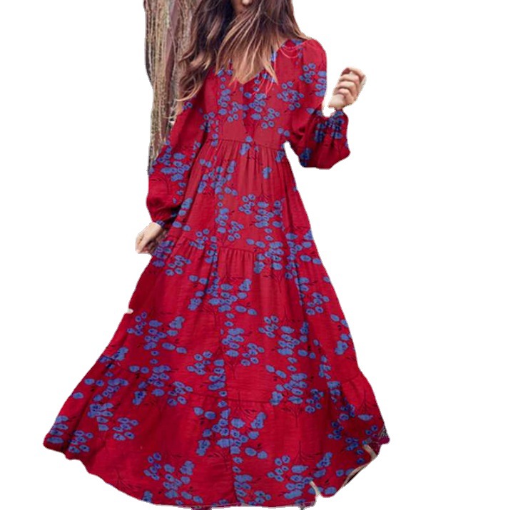 Robe longue maxi bohème patchwork froncée, coupe ajustée, style européen et américain, en rayonne imprimée MP-656_voghion.com