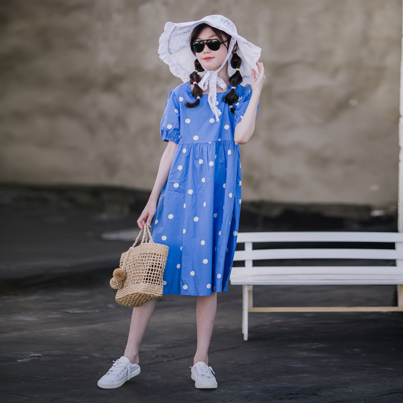 Niñas vestido de verano nuevo vestido de los niños puro algodón estilo occidental burbuja manga princesa vestido niña falda floral