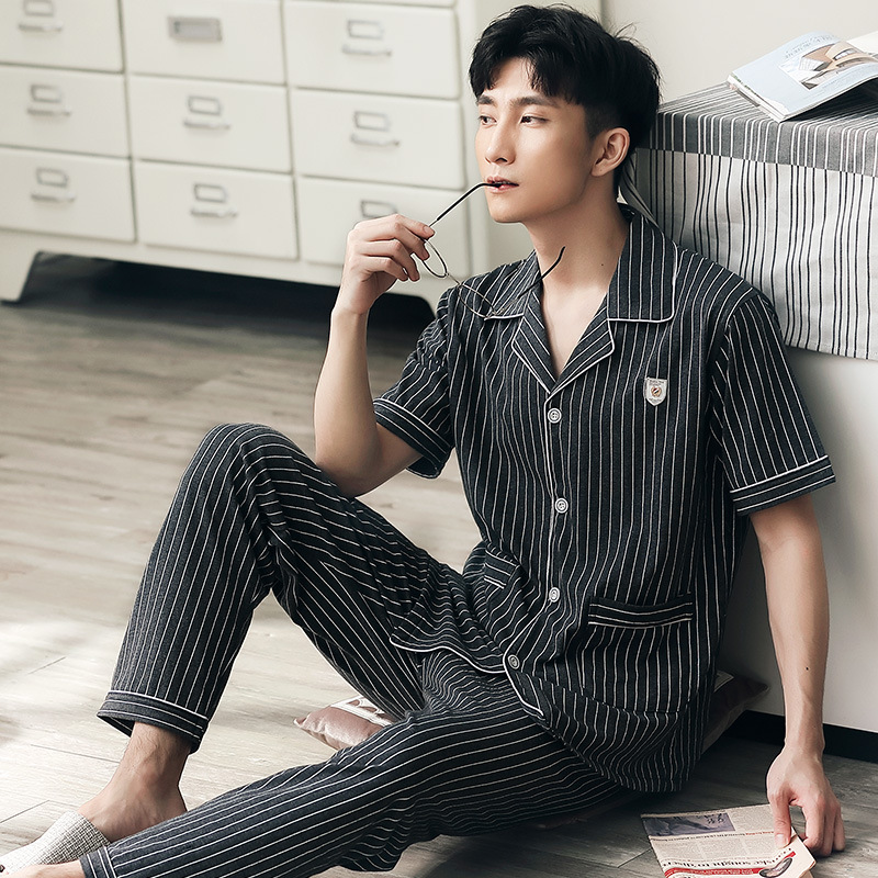 Pijamas de hombre verano 100% algodón de manga corta pijamas delgados cardigan de los hombres juventud Primavera y otoño traje de desgaste para el hogar
