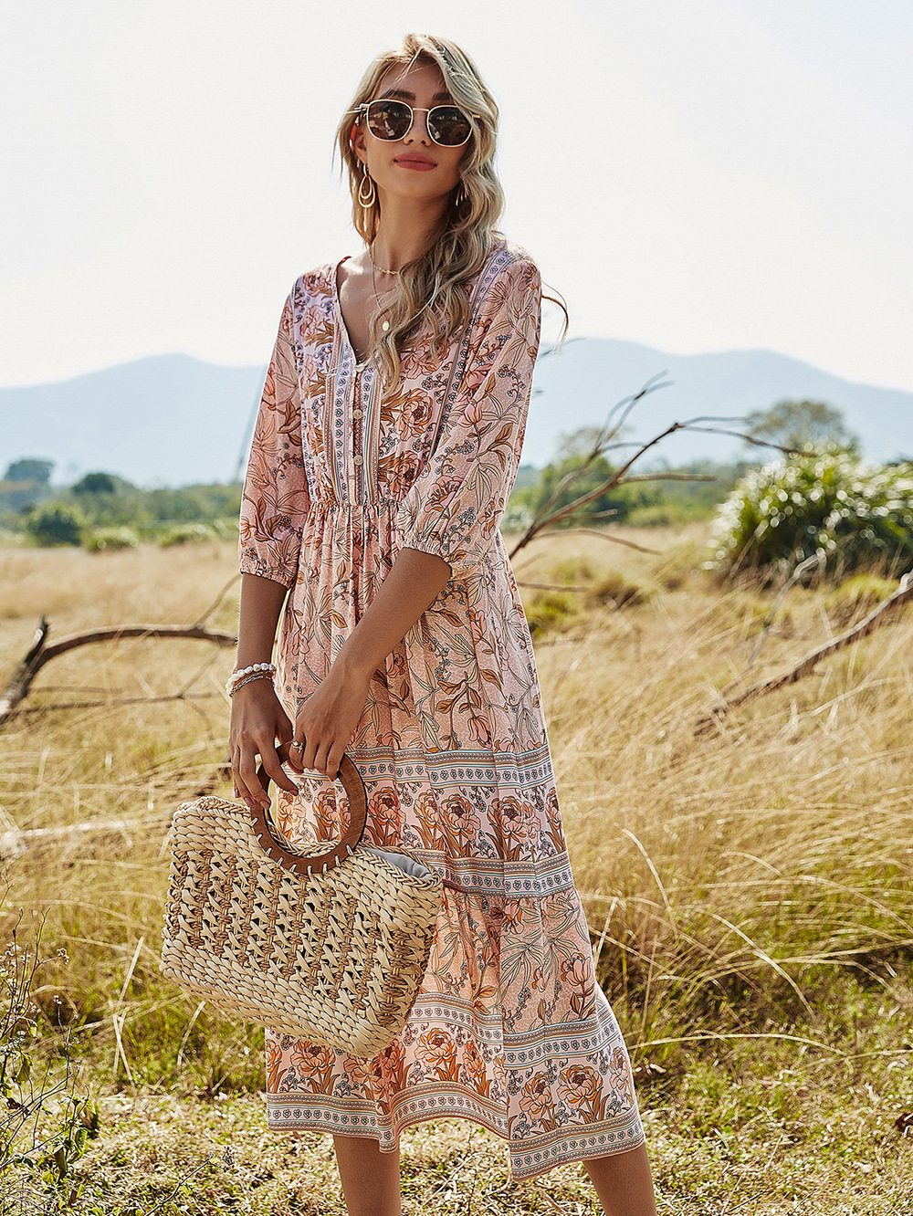 V-neck High Waist Bohemian Dress NSDF23858