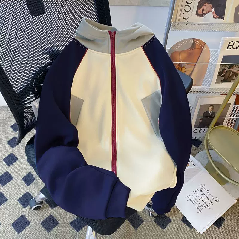 300斤大码女装冬季美式时尚拼色加绒加厚连帽卫衣拉链开衫外套女