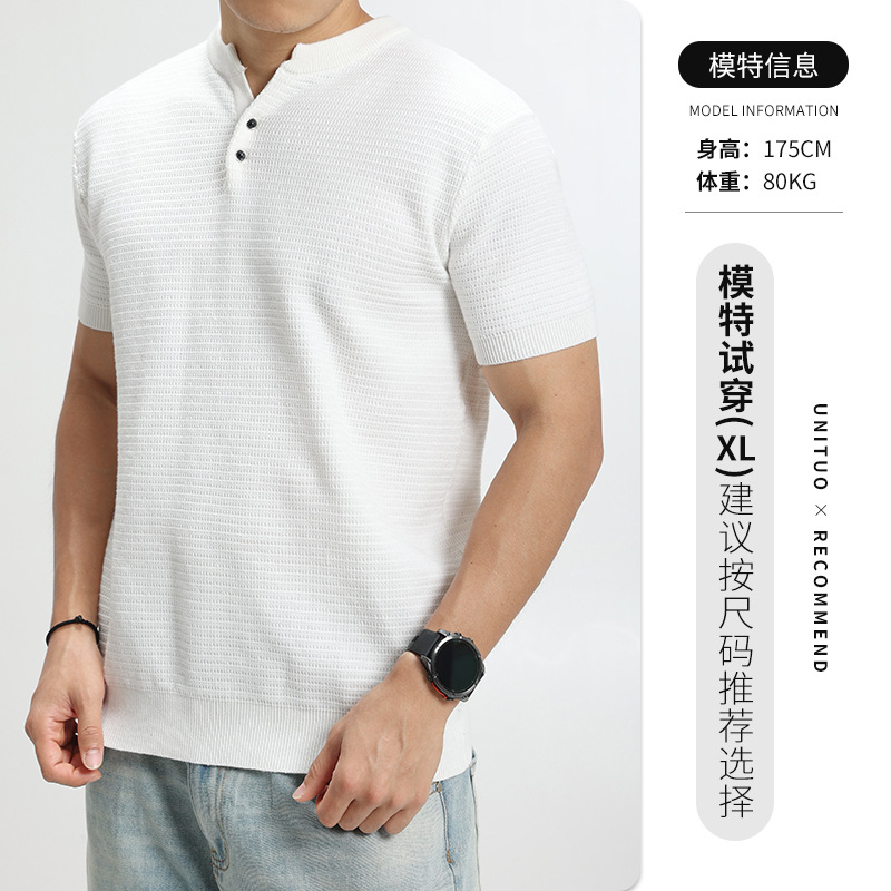 Cross-border hombre lujoso ligero Vogue punto de manga corta Henry cuello botón media manga camiseta de alta calidad europea y americana ropa de hombre