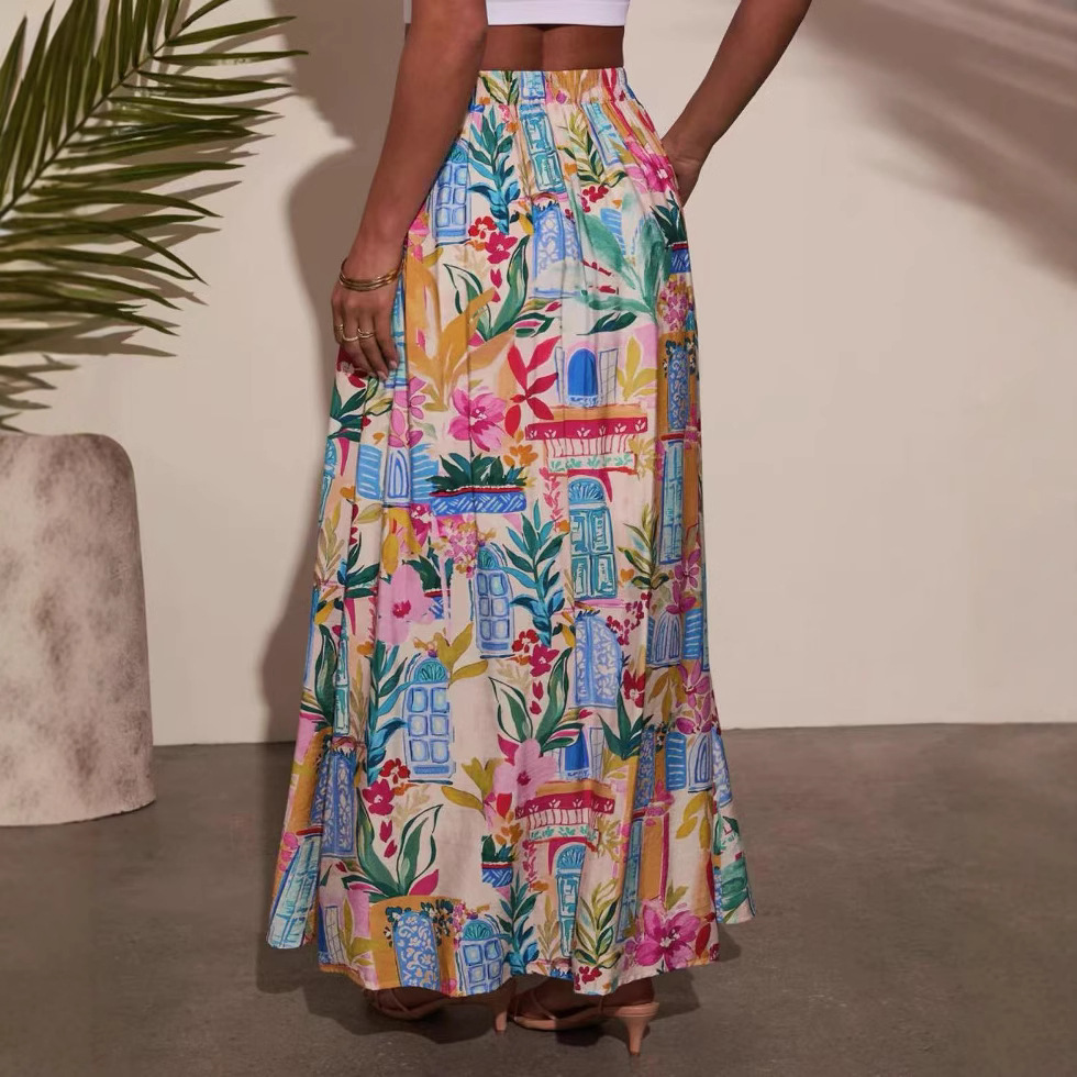 Damenbekleidung Bedrucktes Midi-Rockkleid Modischer Strandurlaubsstil mit Schlitz und Tasche Neu_voghion.com