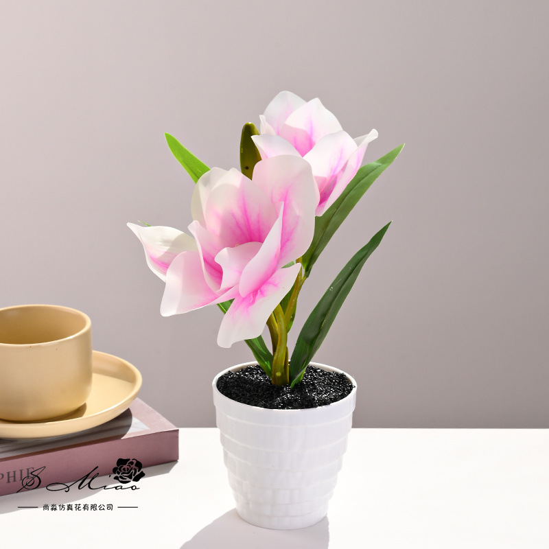 Dos flores y una fruta sensación de mano flor de magnolia bonsai simulación flor de decoración de estudio en el hogar decoración de plantas verdes artificiales simulación maceta image 5