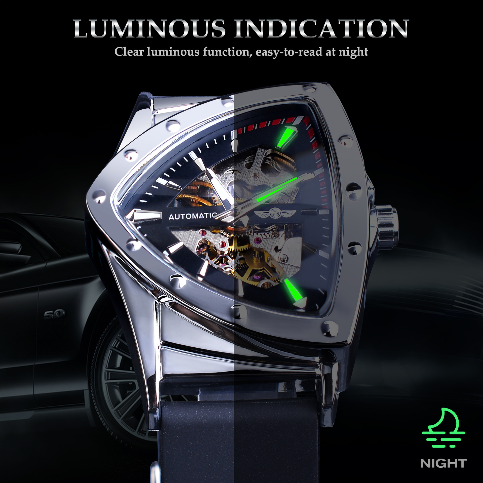 Winner Hollow automatisch mechanisch herenhorloge, siliconen band, polshorloge met zwarte wijzerplaat_voghion.com