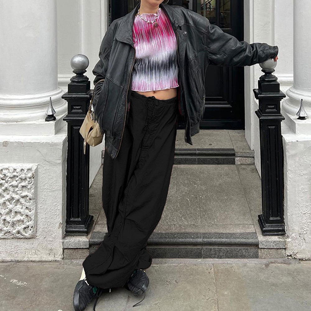 Vår/sommar 2024 Nya heta tjej-arbetskläder med resårband och dragsko, trendiga låg midjade vida ben, vardagsbyxor_voghion.com