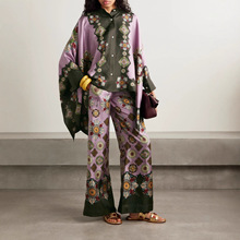 欧美风独立站外贸女装休闲宽松印花缎面不规则上衣阔腿长裤两件套