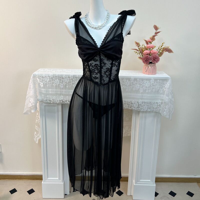 Cross-Border Sexy Lingerie Pajamas for Women Original O High-End Black Deep V Temptation Mesh Suspender Style Extra Long Nightgown