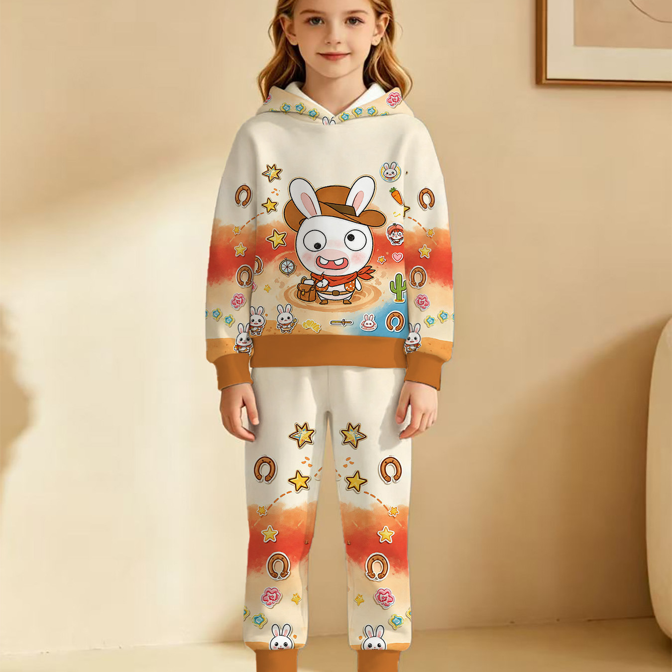 Orange-blue gradient Western cowboy bunny hooded sweatshirt set for boys and girls, cactus and horseshoe fun two-piece set