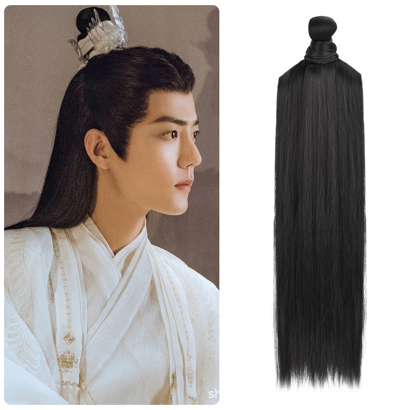 Hanfu wig ponytail grip tiger mouth straight hair women's ancient costume men's antique chivalrous high ponytail style wig