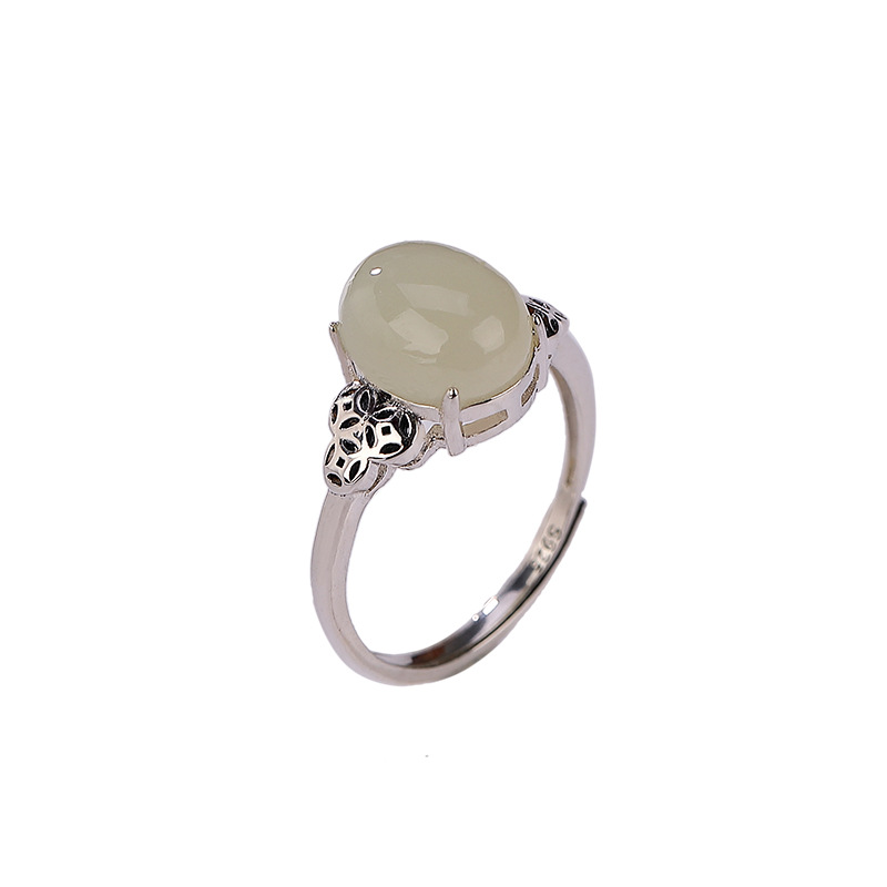 Nhẫn bạc S925 đính ngọc bích thiên nhiên hình trứng nhỏ, mặt bóng đơn giản — Mở một size