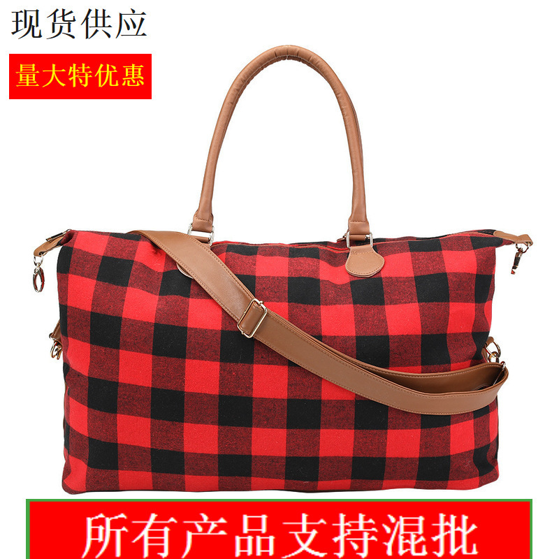 Spot factory direct wholesale black and white black and red plaid women's weekend travel luggage bag generous plaid bag