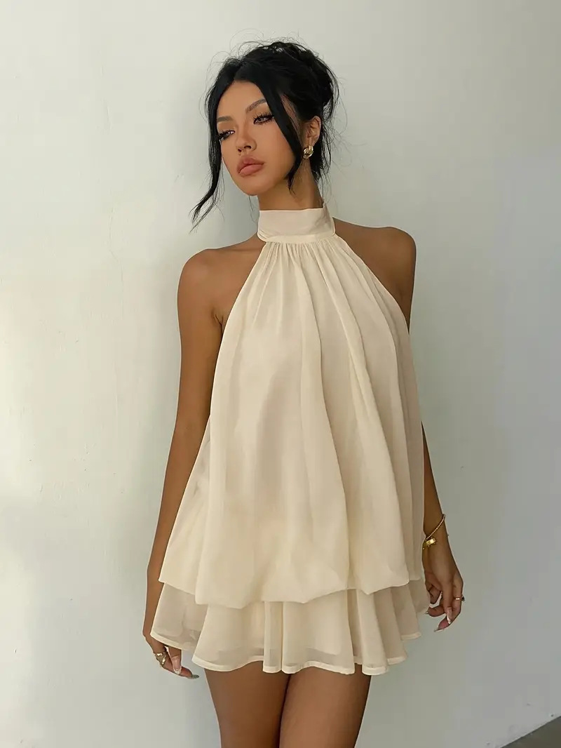 Sexy Mesh Halter Neck Tea Break Dress For Women Summer Beach Vacation Stylish Hot Girl Party Dress_ecoleips.com