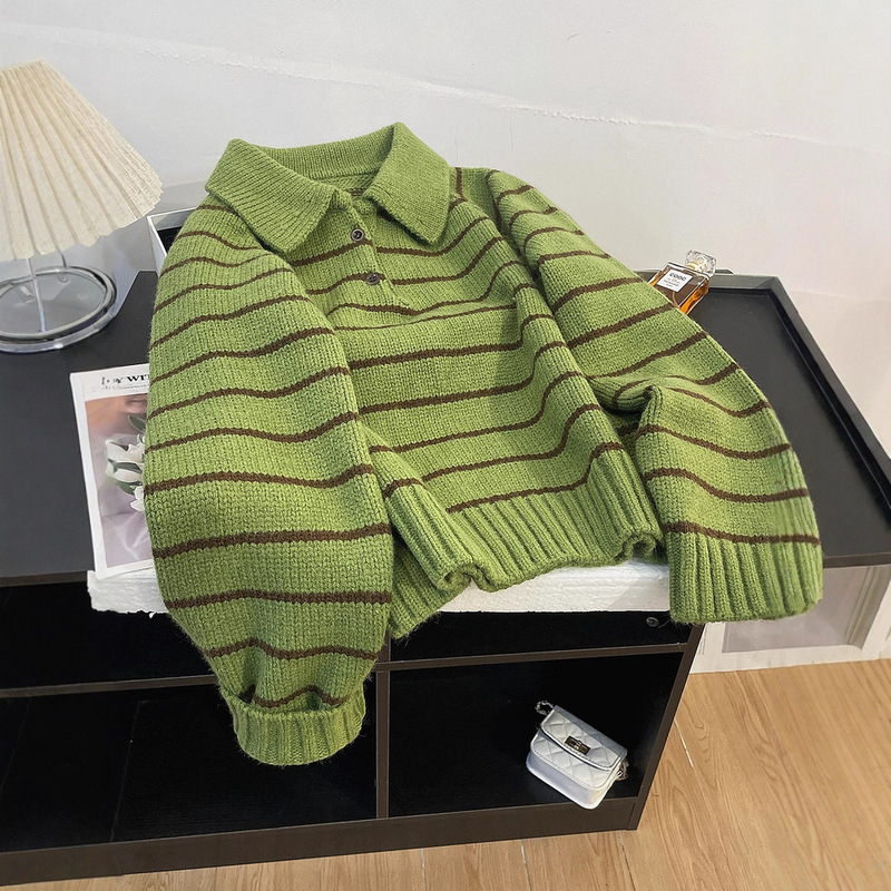 Polo Collar Green Striped Pullover Sweater for Women, Autumn and Winter Loose Popular Style Thickened Base Knit Short Sweater
