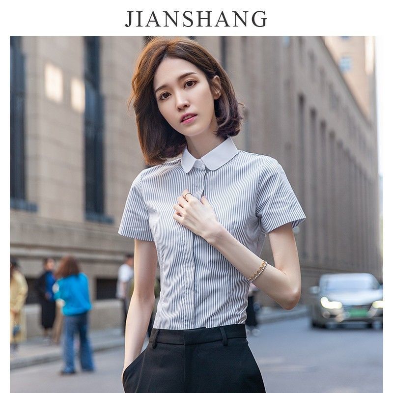 灰白竖条纹衬衫女短袖2025新款设计感小众时尚职业工