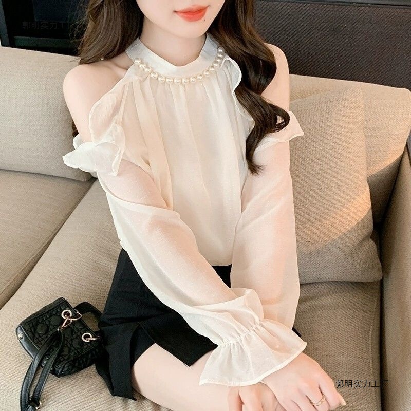 French-Style Pearl Halter Neck Off-Shoulder Chiffon Blouse for Women, Spring Season, Flared Long Sleeves, Loose and Stylish, Age-Reducing Top, Sweet Little Blouse