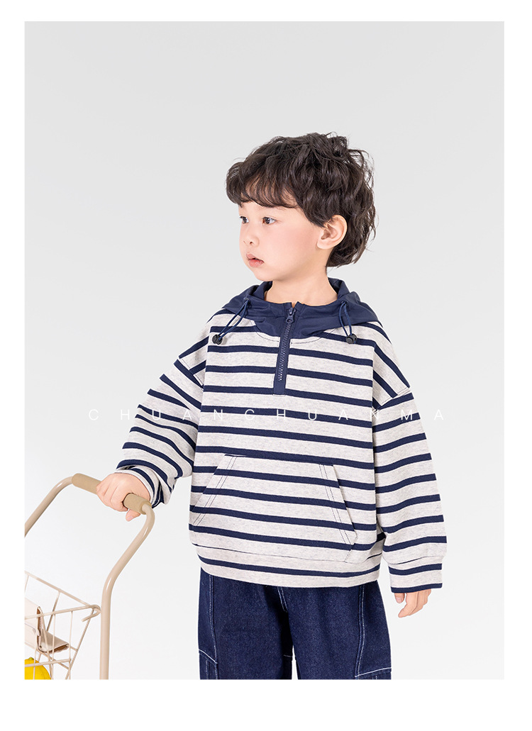 Valley of the Wind 2025 Spring New Children's Korean-style contrasting color hooded sweatshirt for boys, versatile loose striped pullovers pic 24