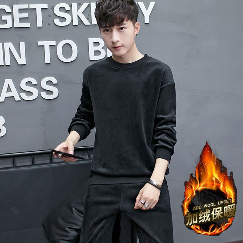 Men's Fleece-Lined Thickened Autumn and Winter Korean Version Thermal Underwear Loungewear Pajamas Men's Velvet Casual Sports Set