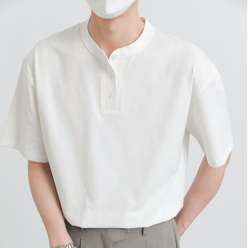 Summer Solid Color Collar Polo Shirt for Men, Summer Slim Fit Casual Half-Sleeve Student Bad Boy Style Collarless Short Sleeve T-Shirt