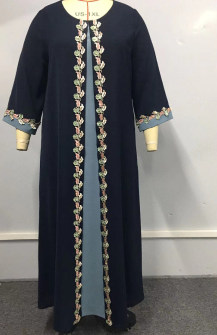 Exclusive Cross-border Supply Of Middle Eastern Robes, Muslim Fashion Navy Blue Embroidered Patchwork Abaya Plus-size_ecoleips.com