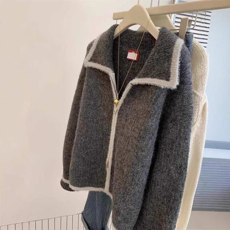 European high-grade gray raccoon velvet lapel sweater coat spring and autumn soft waxy lazy loose zipper knitted cardigan