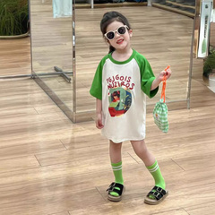 韓國童裝女童連衣裙2024夏裝裙子女孩綠色插肩短袖卡通印花T恤裙
